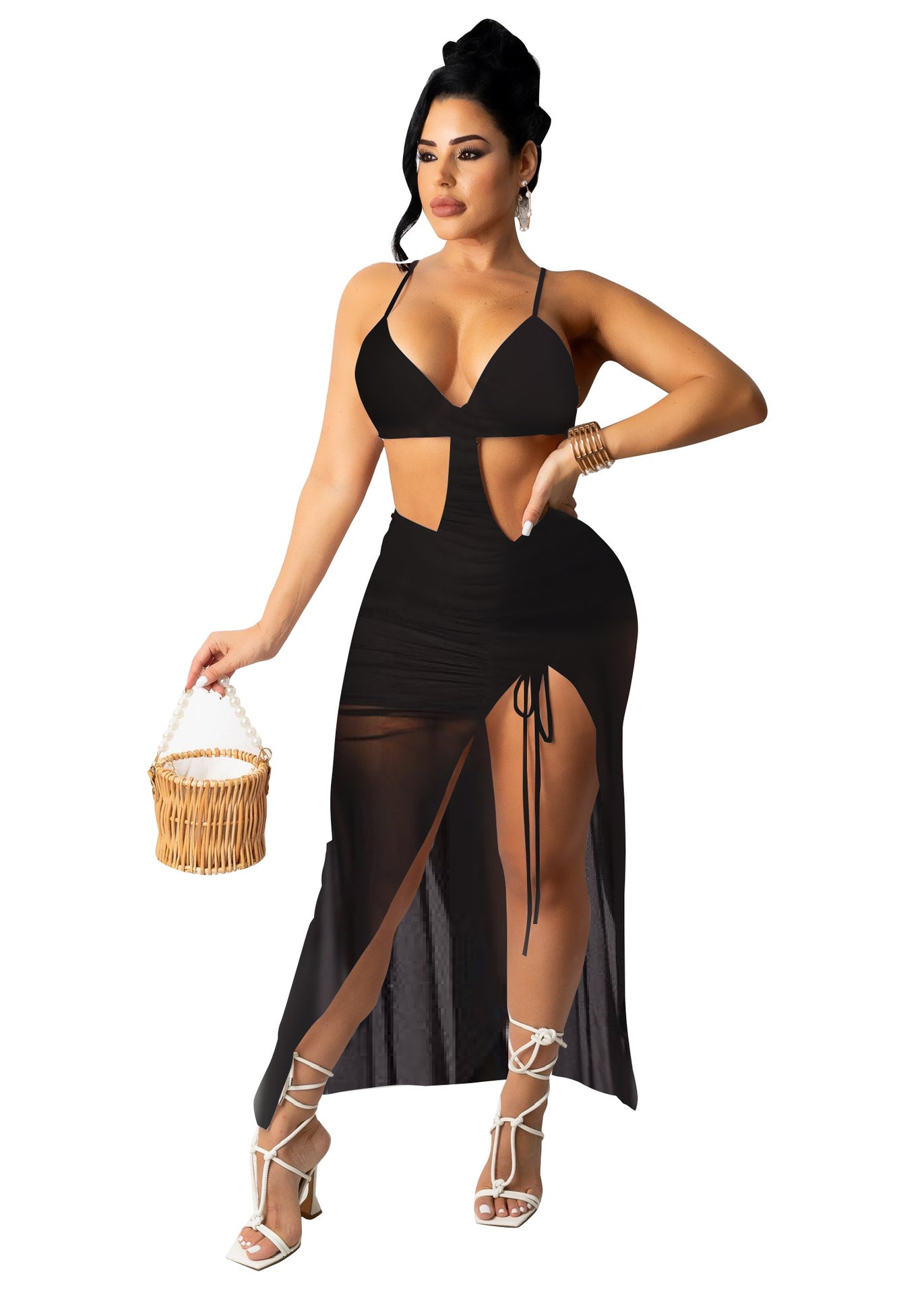 Women Sexy Suspender Crop Top and Slit Skirt Two-piece Set 12