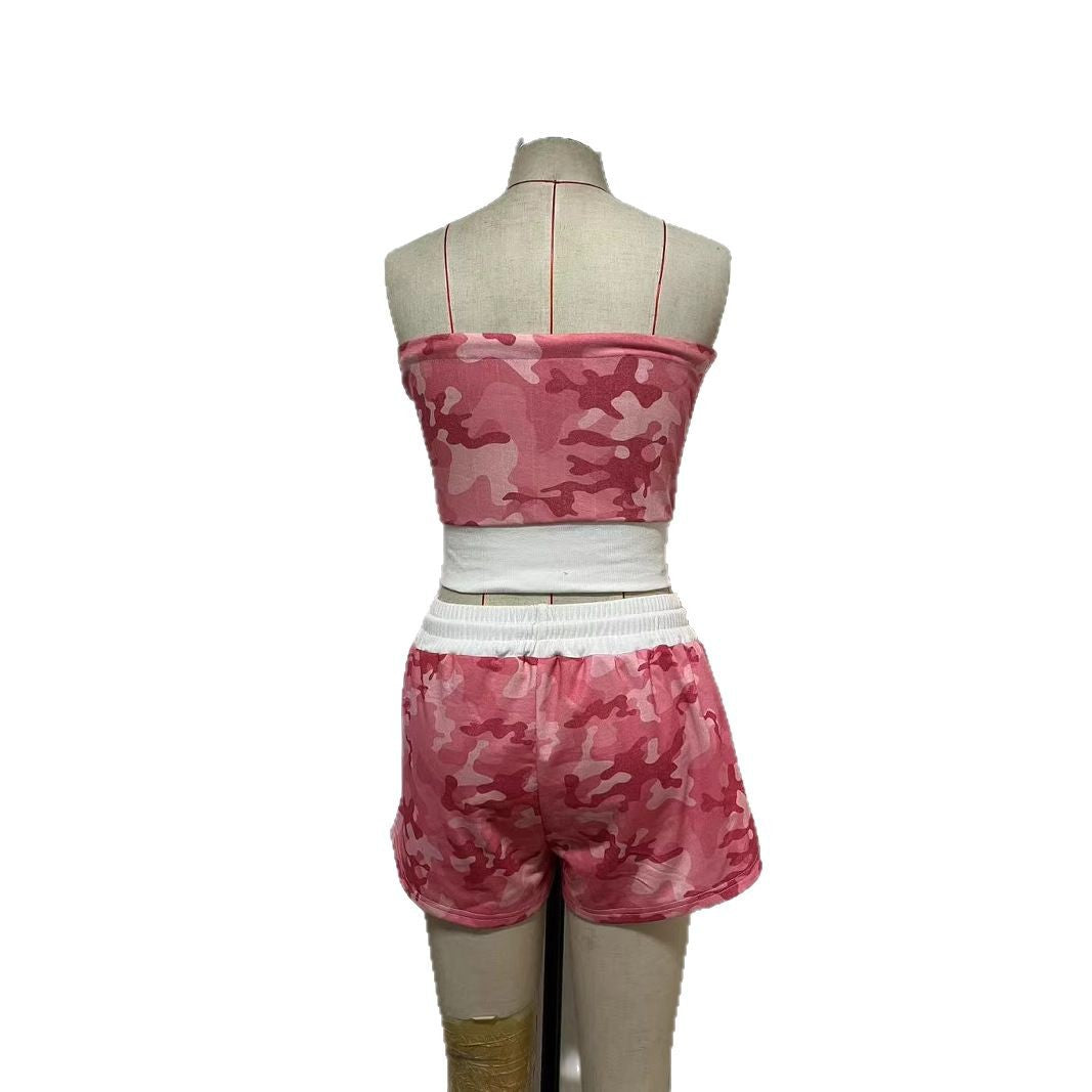 American Streetwear Color-Block Camo Strapless Top & Jogger Shorts Set 7