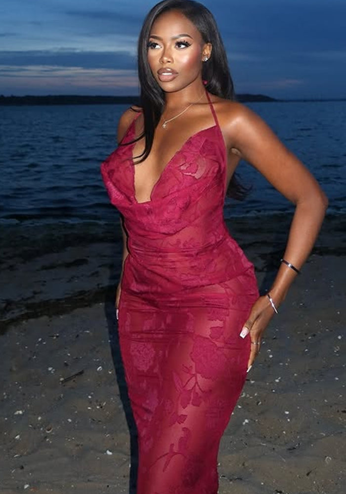 Women Summer Sexy Halter Neck Swing Collar Jacquard Holiday Backless Dress