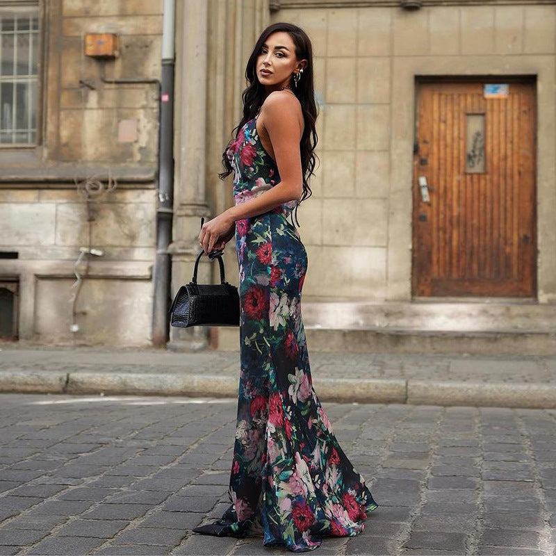 Womenƒ??s Summer Fashion Chic Floral Strap Low Back Lace-Up Slim Long Dress 4