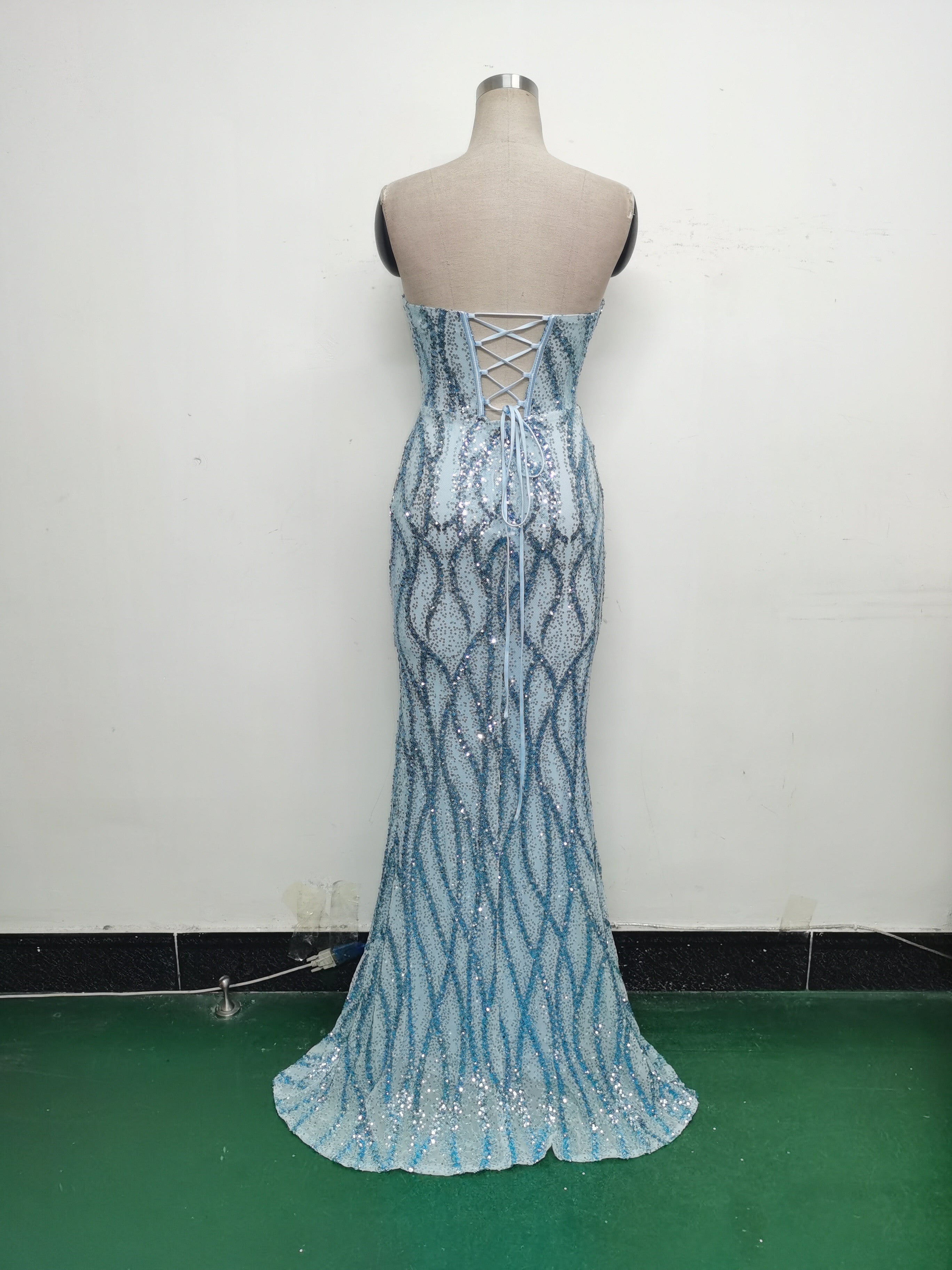 Fishbone Slim Waist Heart Neck Sequin Evening Dress Luxury Formal Party Gown 37