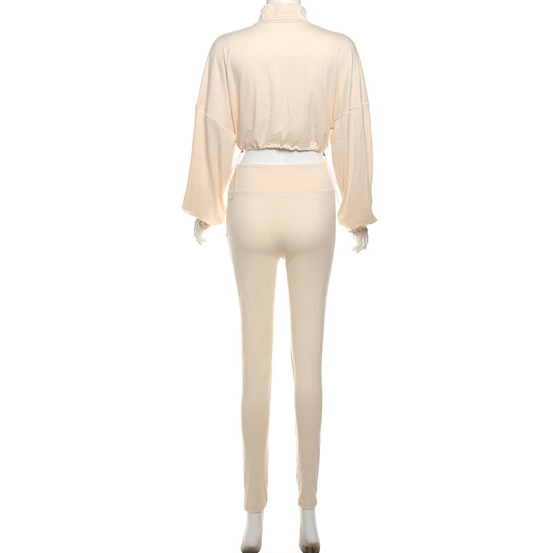 Spring And Autumn Sexy Drawstring Slim Waist Crop Top High Waist Tight Fitting Trousers Two Piece Set 27