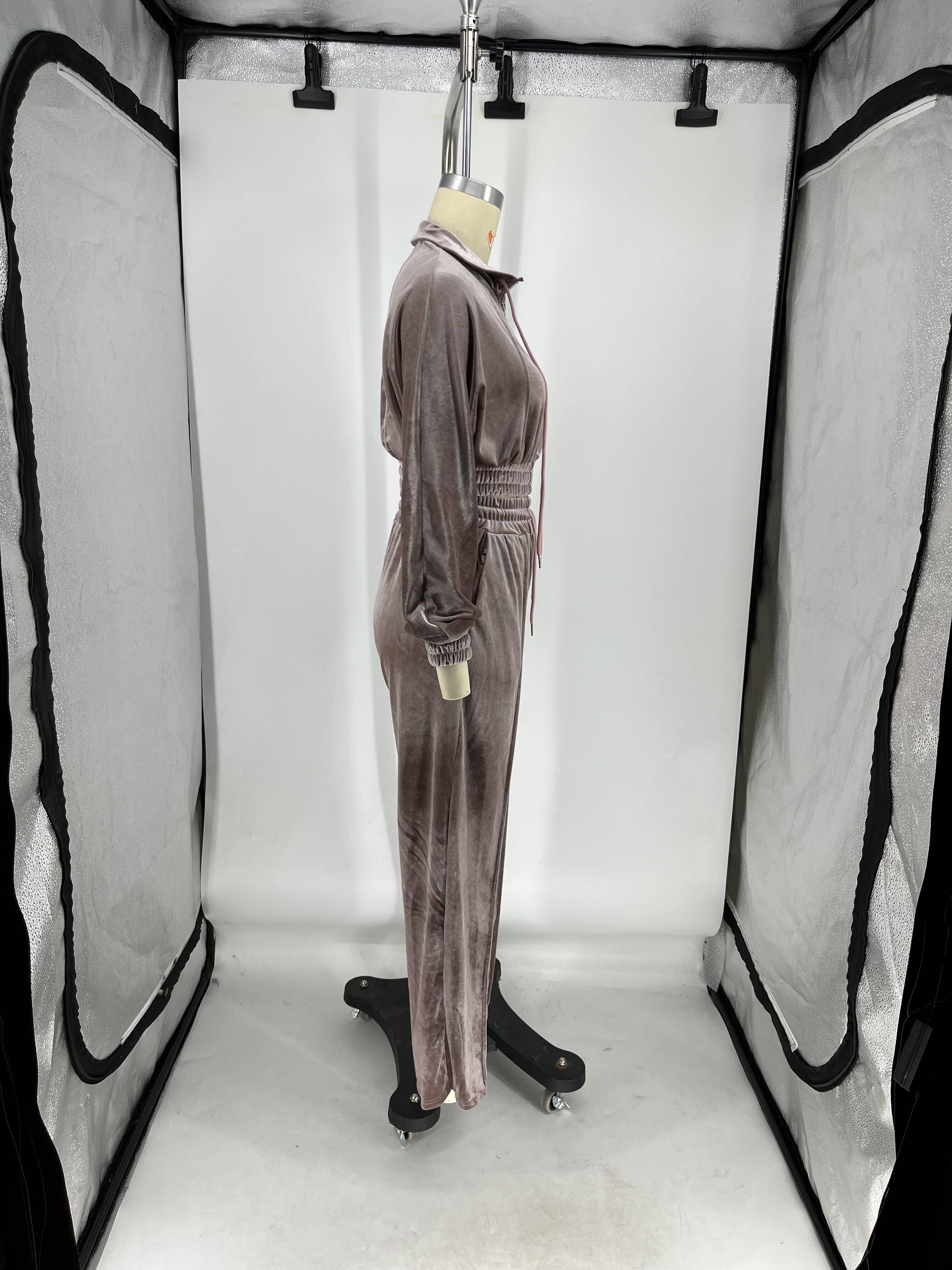 Women's Autumn And Winter Velvet Elastic Waist Zipper Jacket Pocket Trousers Suit 13