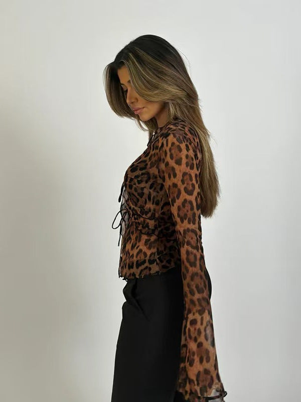 Women Sexy Leopard Print Long-Sleeved V-Neck Lace-Up See-Through Shirt Top 4