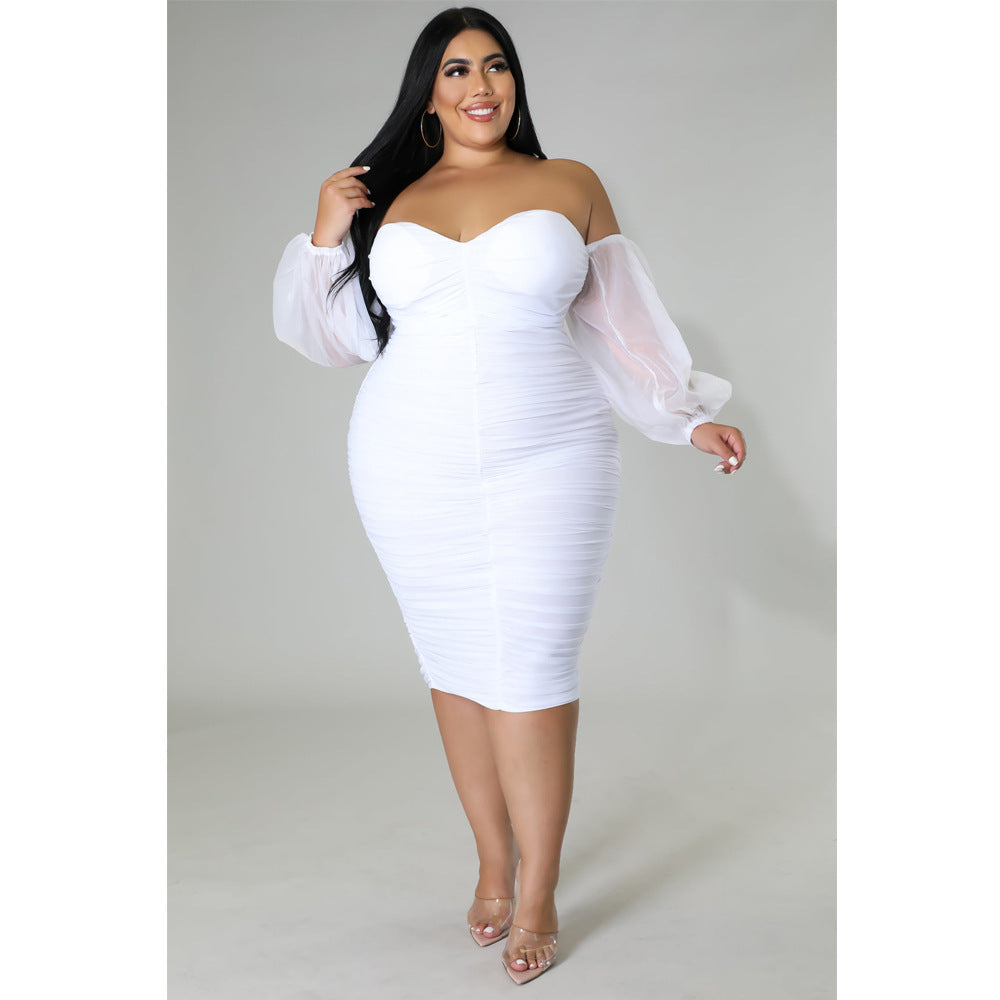 Plus Size Women Mesh Pleated Long Sleeve Dress