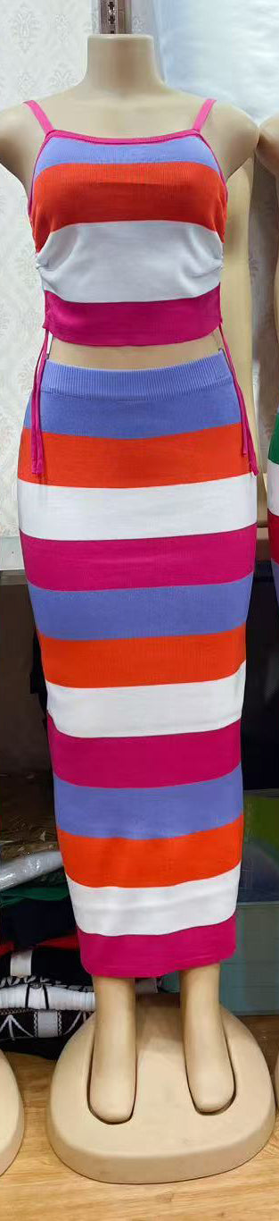 Knitting rainbow slim summer Strap two piece skirt set 4