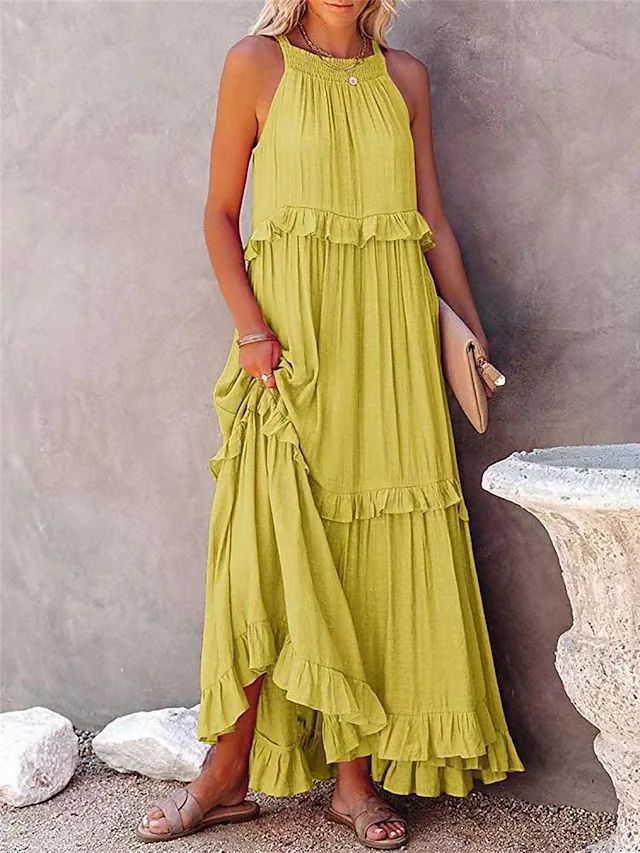 Summer Holidays Ruffle Long Dress Swing Elegant Beach Dress Women
