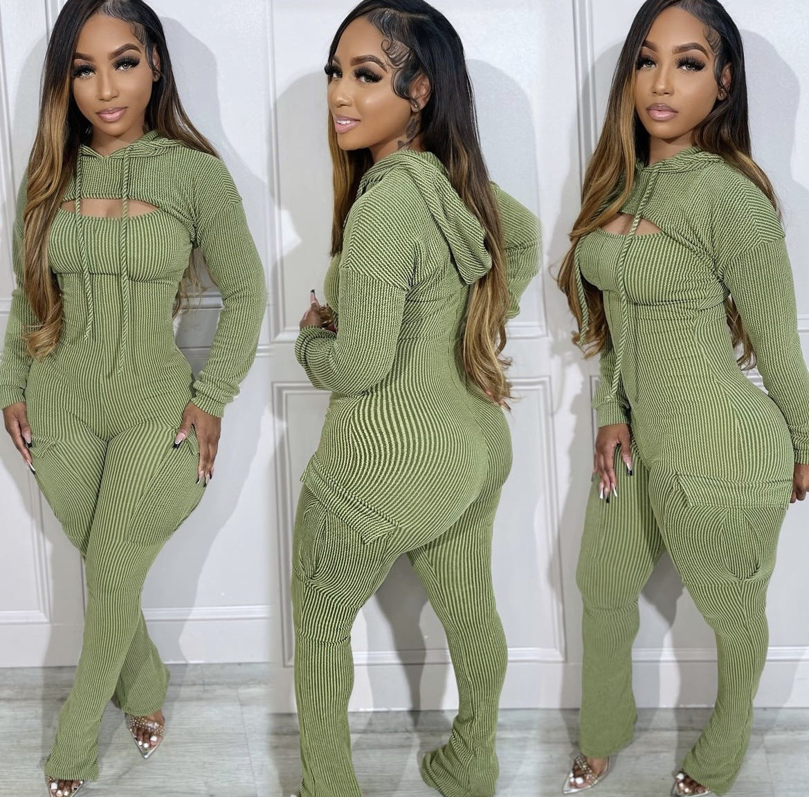 Autumn Winter Solid Color Long Sleeve Hooded Top Sexy Strap Slim Jumpsuit Two-Piece Set 7
