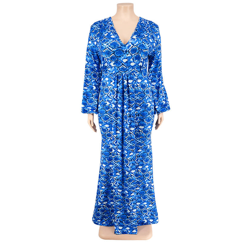 Plus Size Women'S Print V-Neck Fashion Long Sleeve Mermaid Long Dress 17