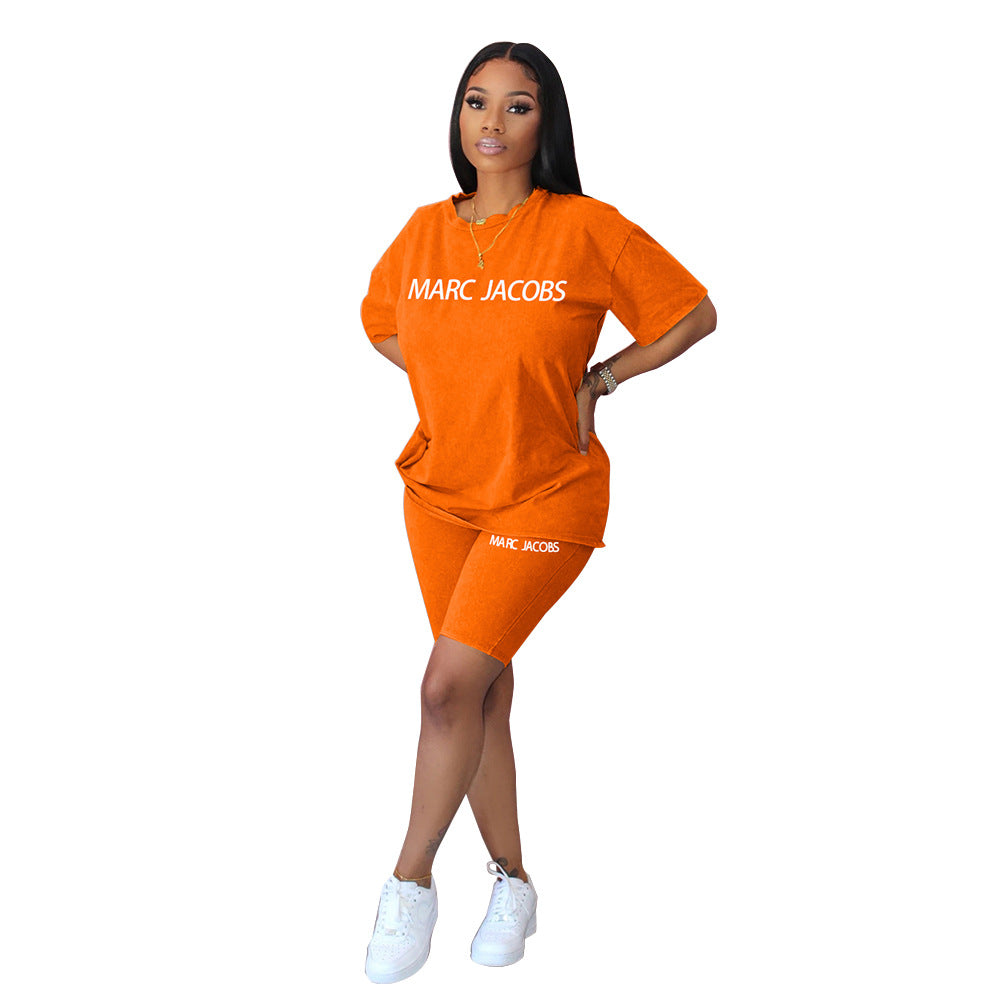 Women Casual Letter Print Short Sleeve Top and Short Two-Piece Set 15