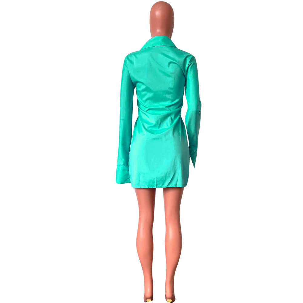 Women's Solid Color Single-Breasted Slit Long Sleeves Shirt Dress 22