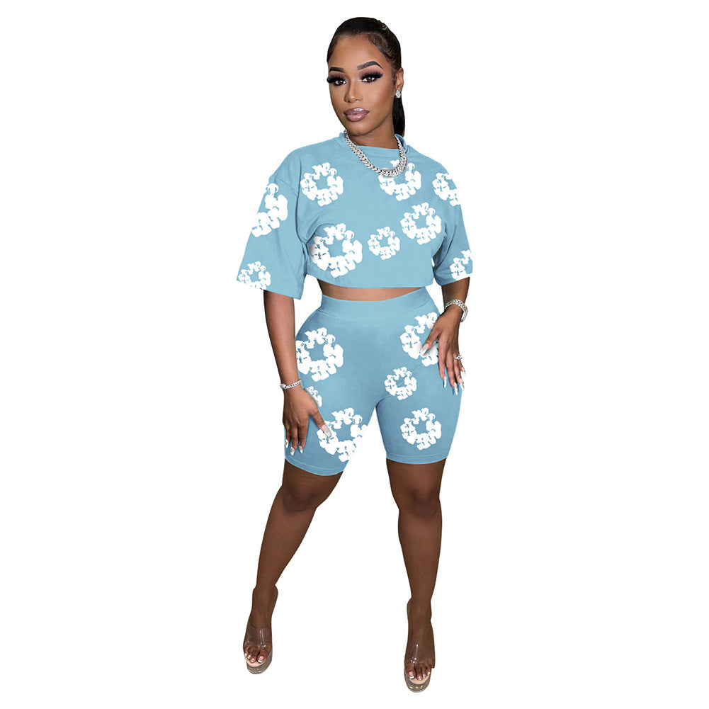 Women Summer Round Neck Short Sleeve Top and Shorts Printed Two-piece Set 6
