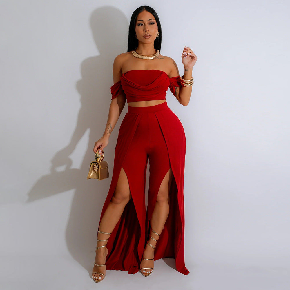 Women Strapless Top and Slit Wide Leg Pants Two-Piece Set 4