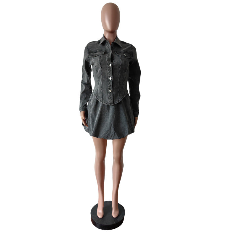 Slim Shirt Stretch Denim Skirt Women's Two Piece Set 5