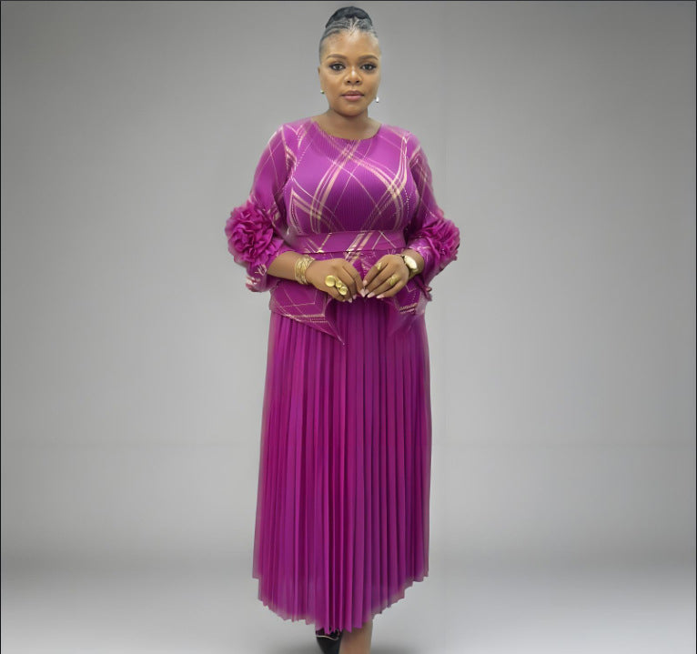 Plus Size Women Pleated Hand-Shaped Flower Irregular Shiny Print Maxi Dress 4