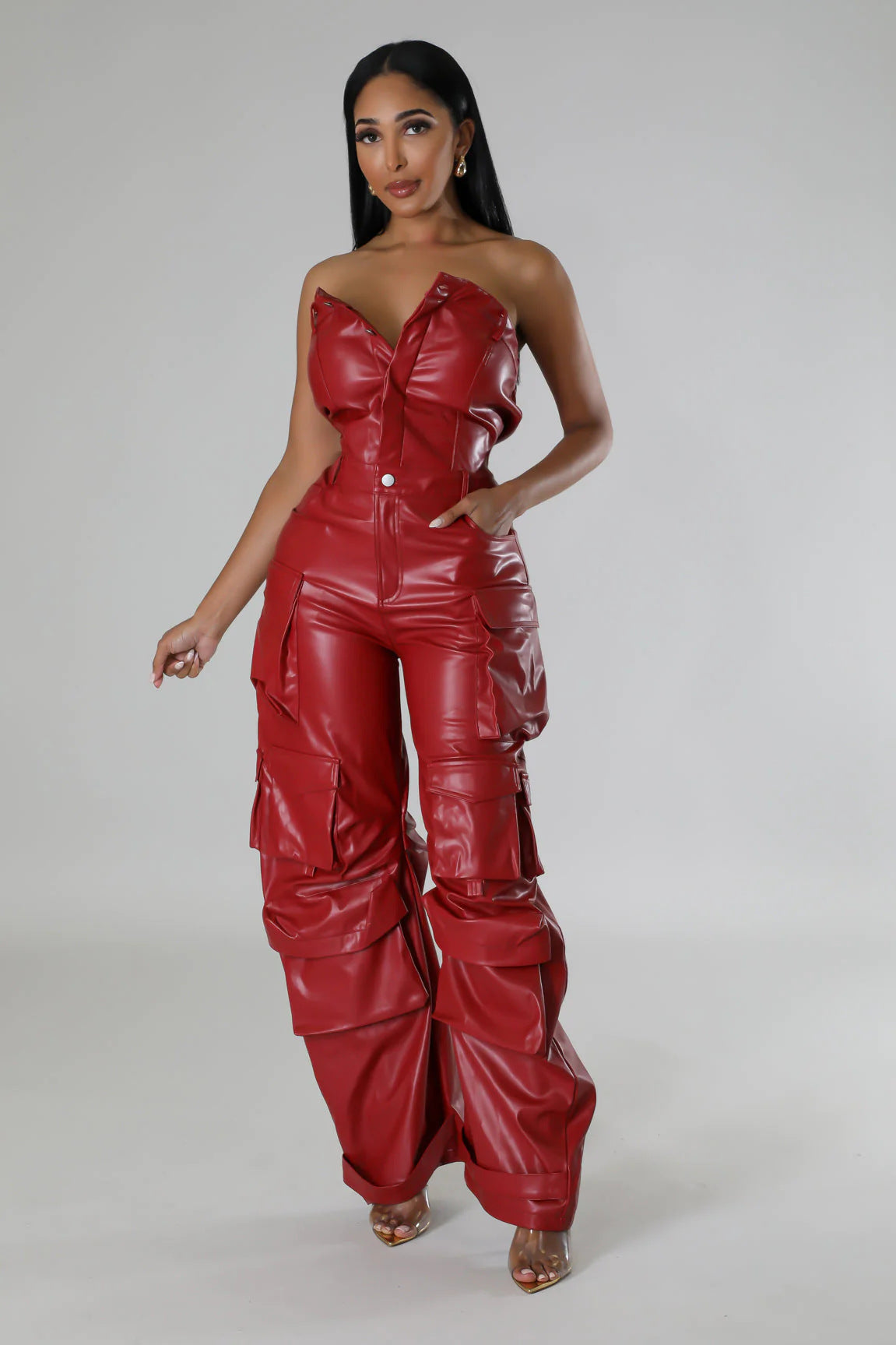 Women's Strapless Low Back Slim Fit Trendy Pocket Jumpsuit 16