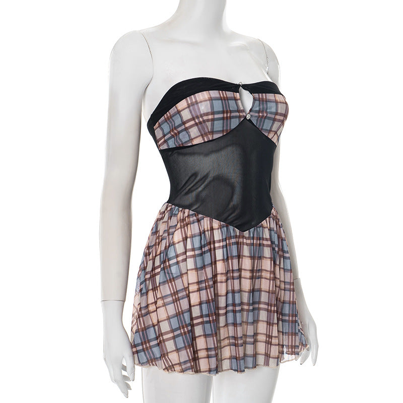 Women's Strapless Low Back Pleated Plaid Patchwork Mesh Dress 8