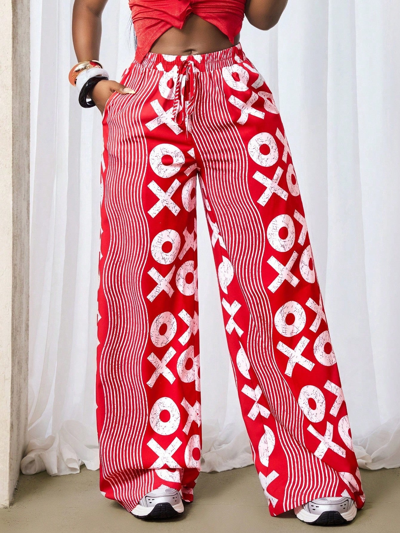 Women's Fashion Street Trendy Print Wide Leg Mid Waist Casual Long Pants 7