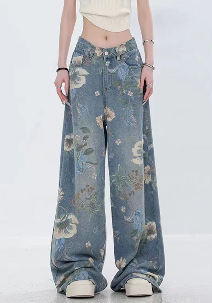 Women American Retro Printed Wide Leg Denim Pants