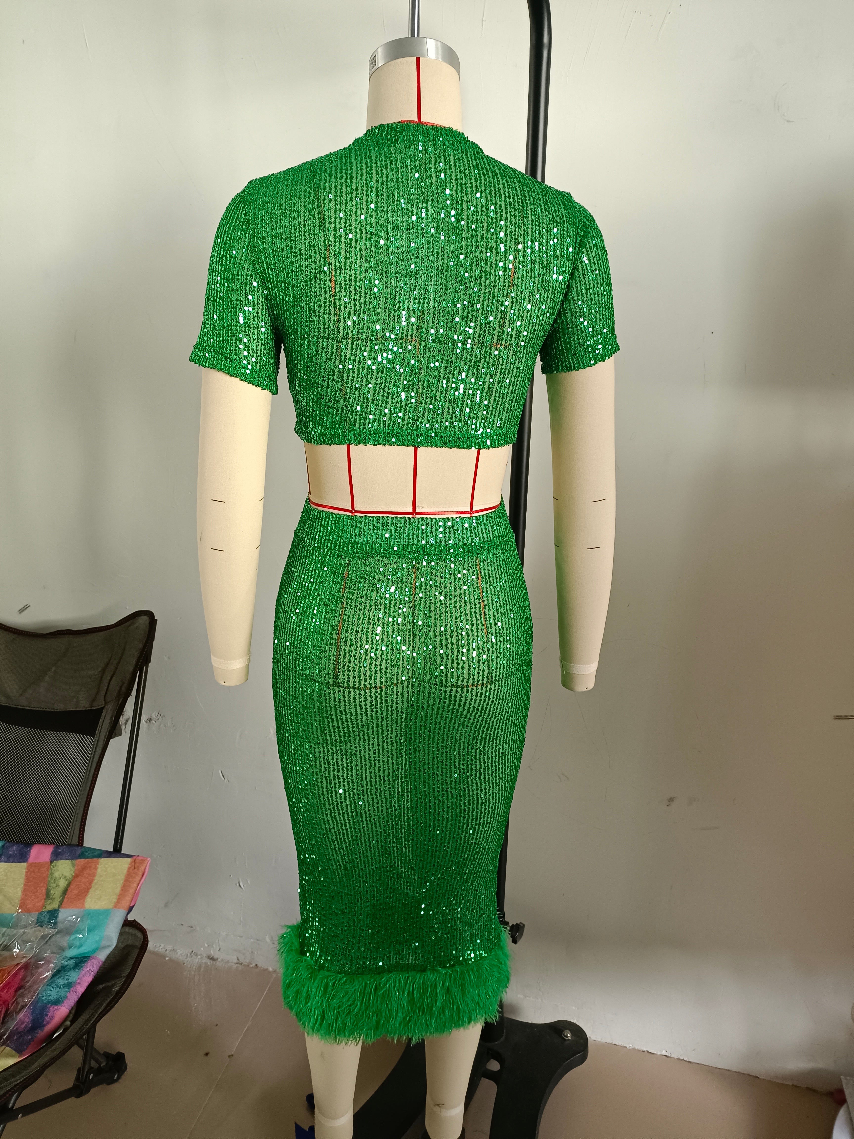 Ladies Fashion Sequin Short Sleeve Bodycon Sexy Feather Dress 13