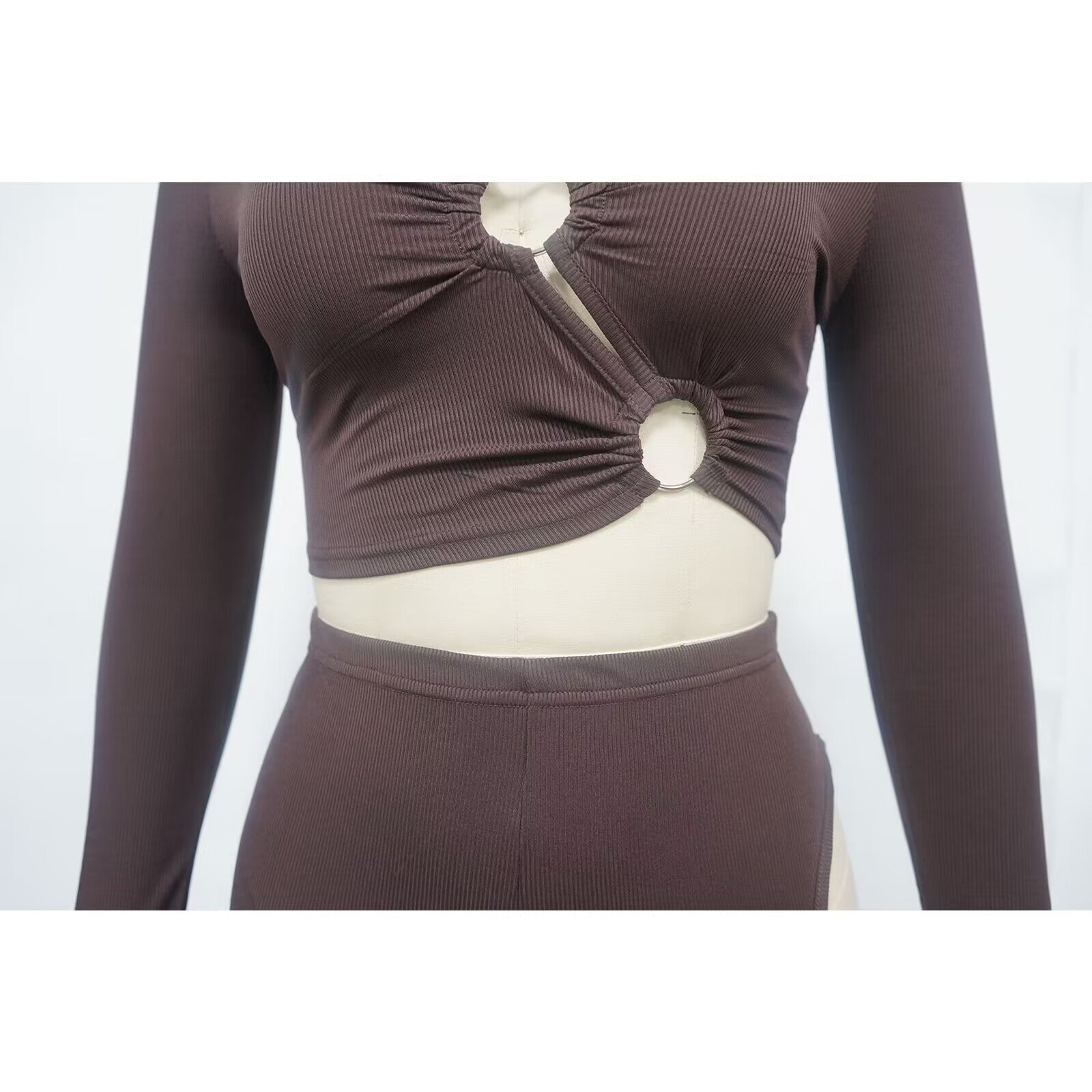 Fashionable Women's Solid Color High-Stretch Ribbed Sexy V-Neck Two-Piece Pants Set 14