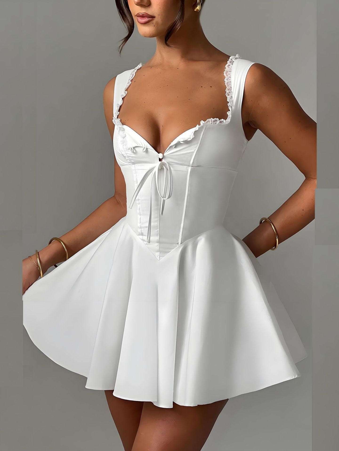 Sexy Lace Edge V-Neck Solid Color Summer Women Strap A-Line Dress 7