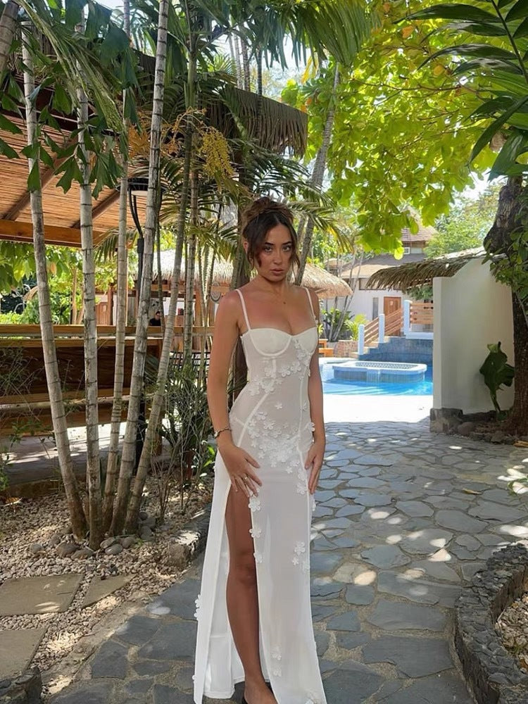 Sexy White Floral Strap Slit Dress 8