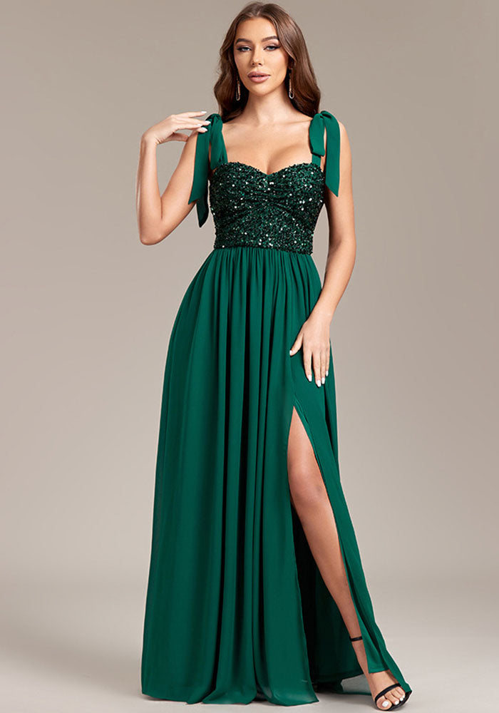 Women Sequin Patchwork Chiffon Backless Slit Party Prom Evening Dress