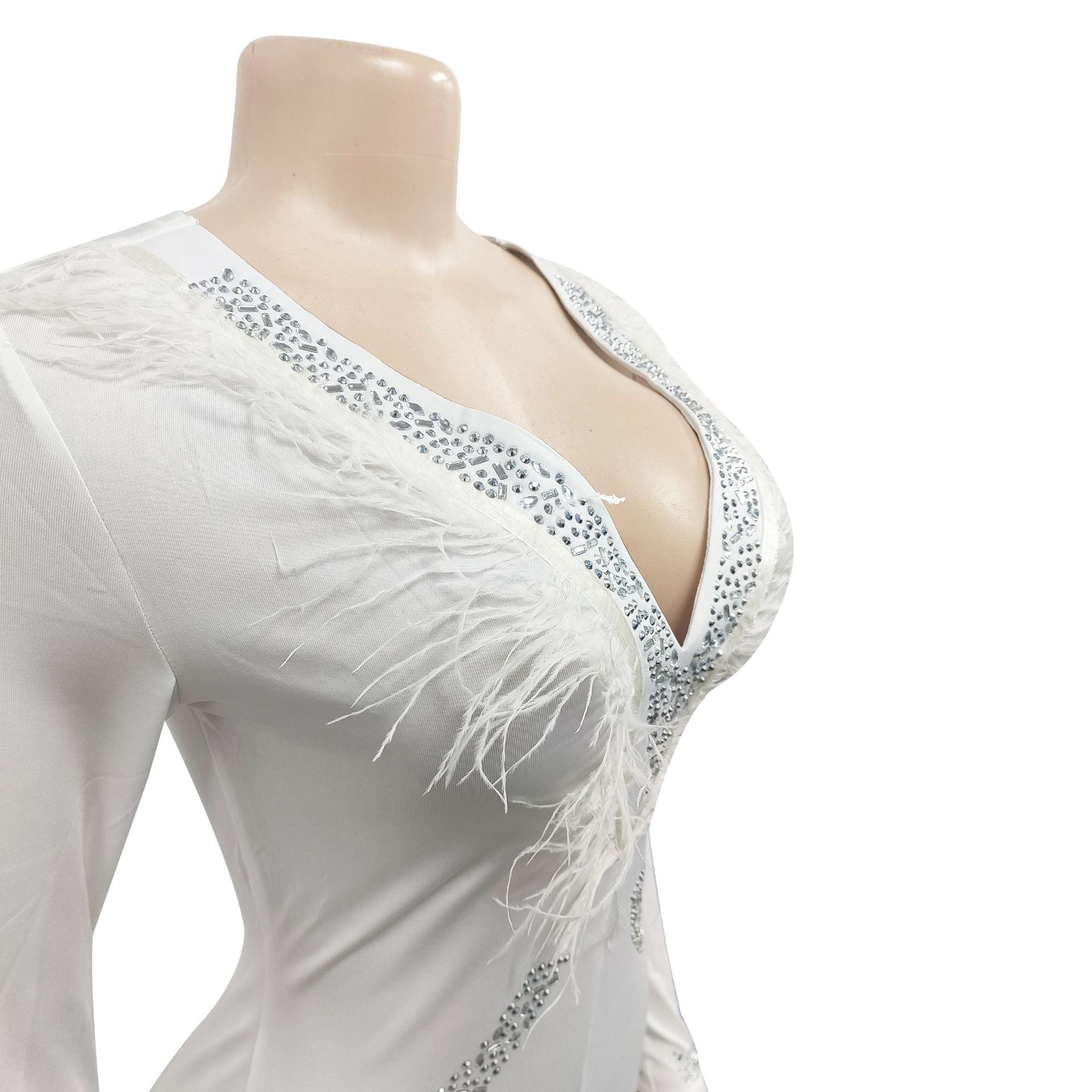 Women'S Fashion Feather Patchwork Beaded V-Neck Long Sleeve One Peice Trousers Sexy Ladies Jumpsuit 14