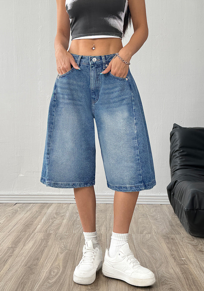Loose Wide Leg Denim Mid-Length Shorts