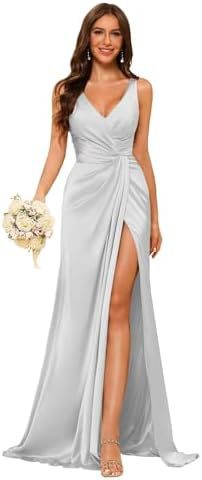 Women's Strap V-Neck Bridesmaid Dress Sleeveless Satin High Slit Prom Dress（Processing time need 3-6 days） 19