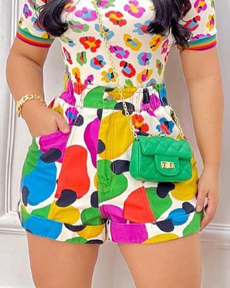 Women leopard print Top + shorts two-piece set 3