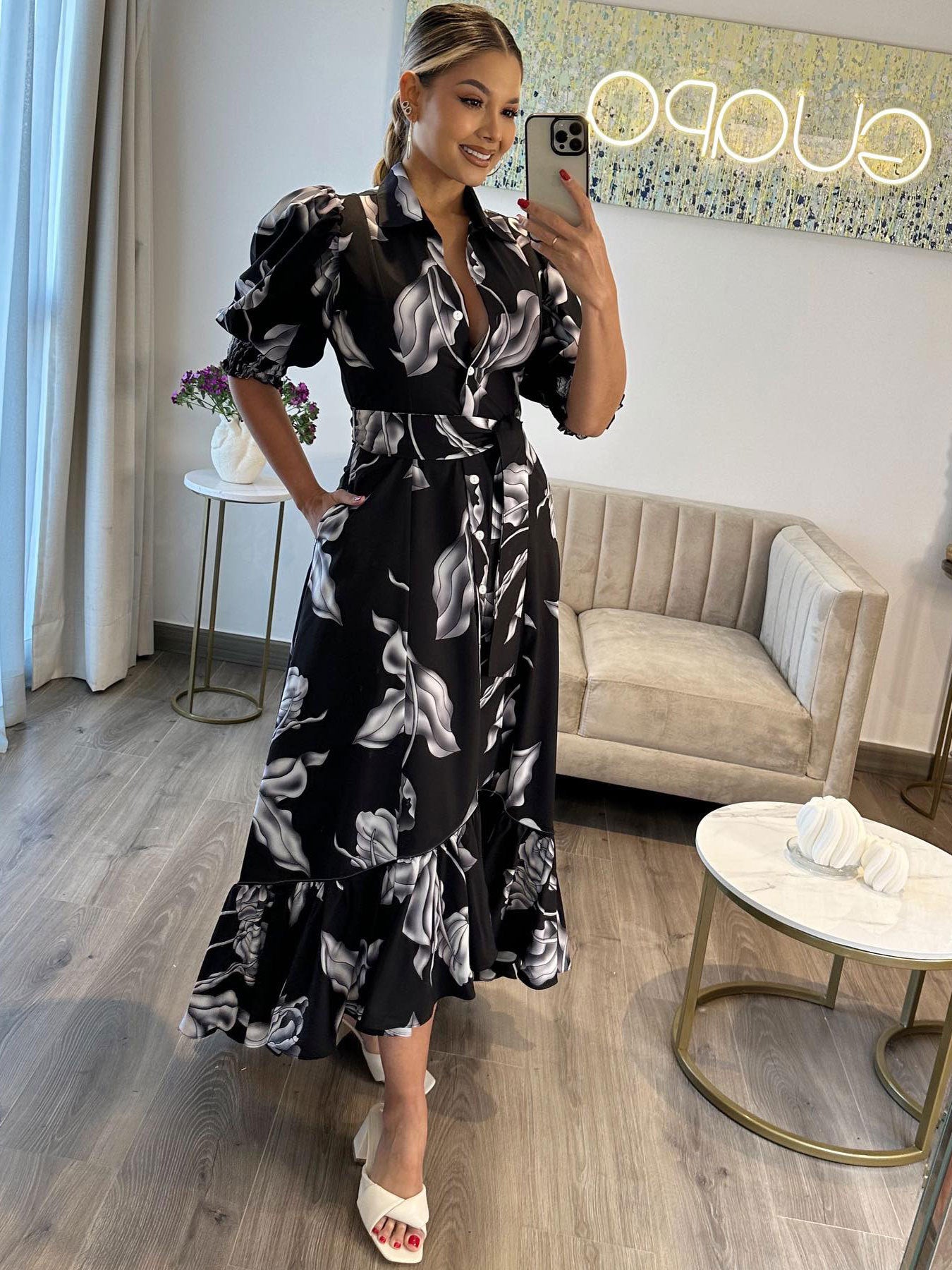 Chic Printed Puff Sleeve Ruffle Casual Women's Long Dress
