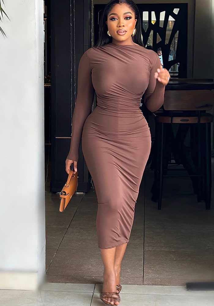 Women's Solid Color Round Neck Long Sleeve Slim Midi Dress