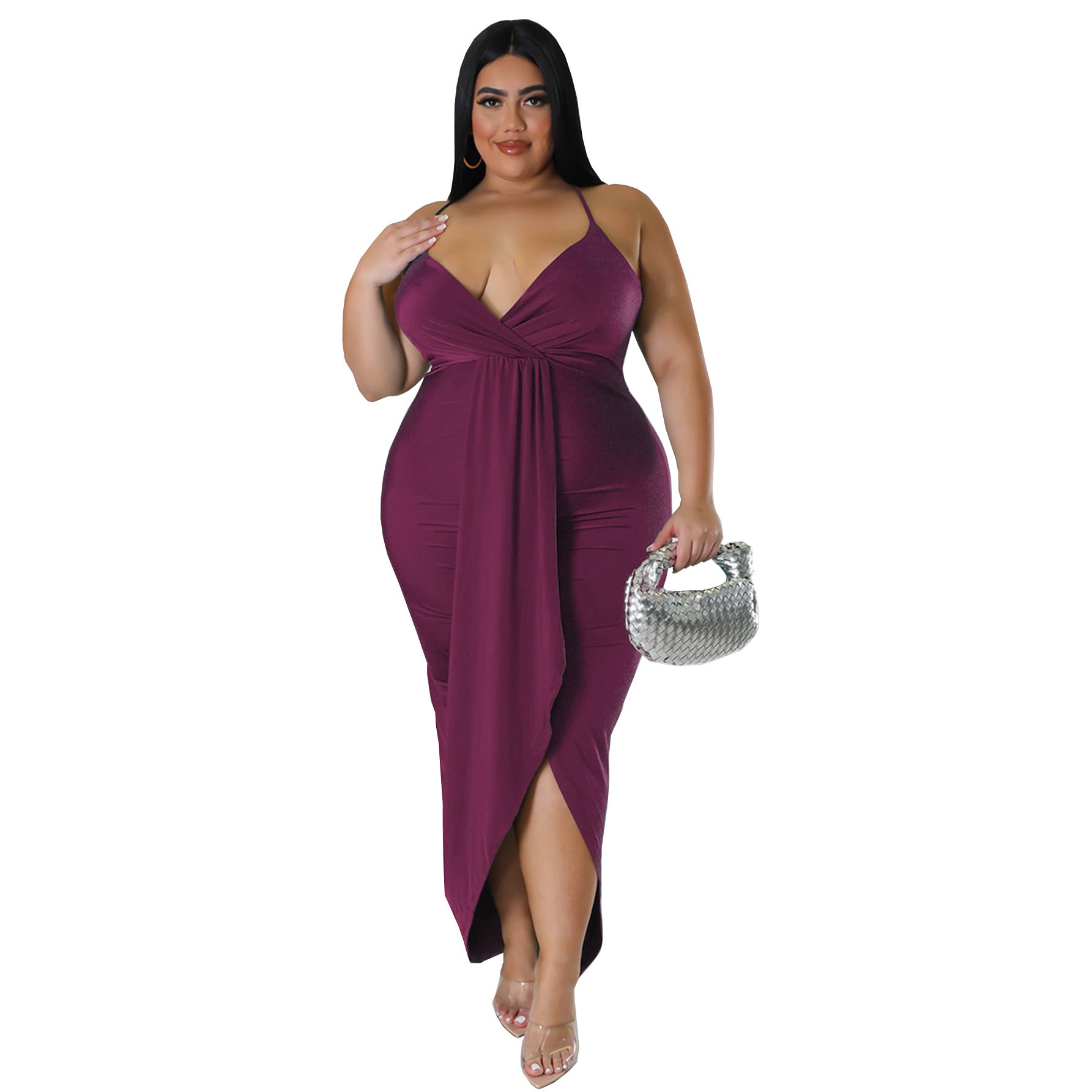 Women's Plus Size Solid Strap Sleeveless V-Neck Long Dress 5