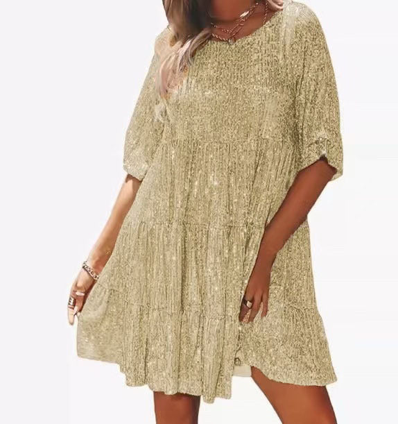 Women 's Sequin Half Sleeve Round Neck Ruffle Loose Formal Party Dress 11