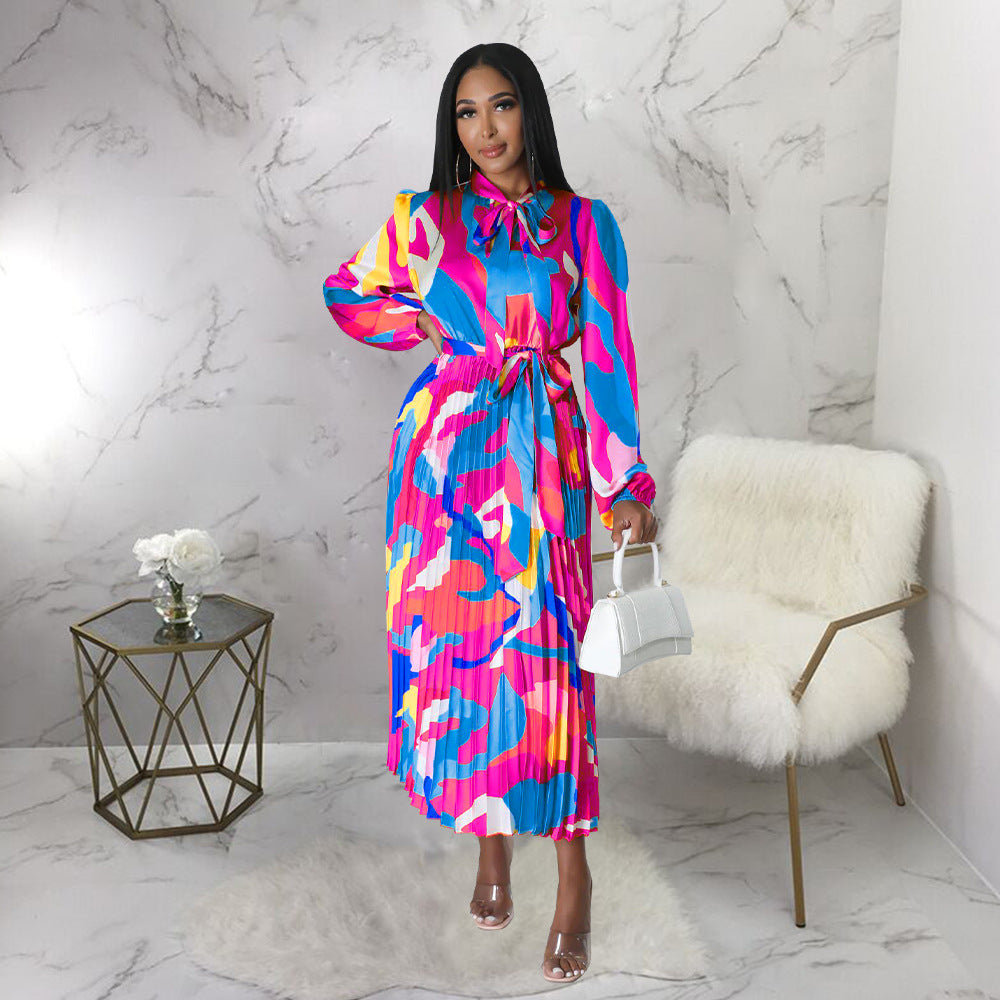 Women's Tie Long Sleeve Printed Pleated Dress 20