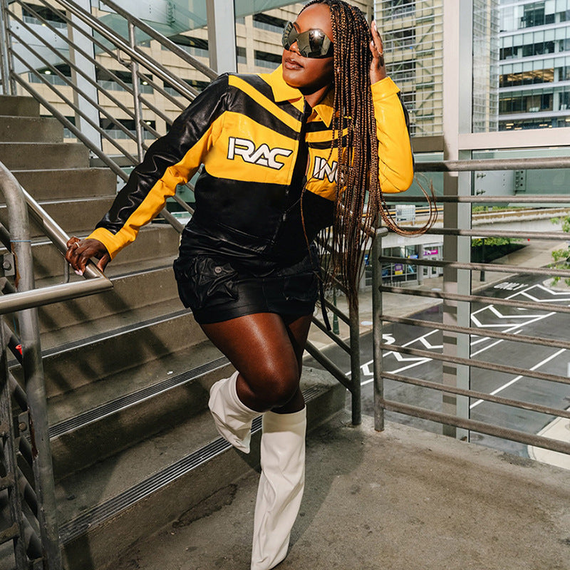 Women winter embroidery contrasting color Turndown Collar long-sleeved zipper jacket 5