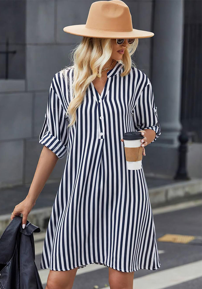 Women striped long-sleeved V-neck shirt dress