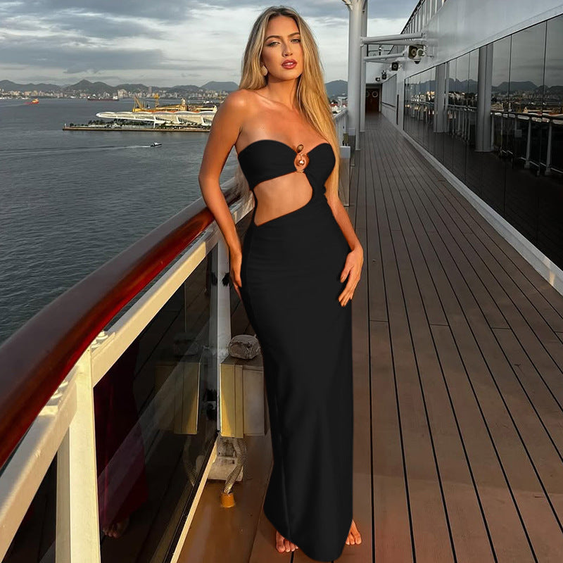 Women Summer Metal Decoration Patchwork Hollow Sexy Strapless Maxi Dress
