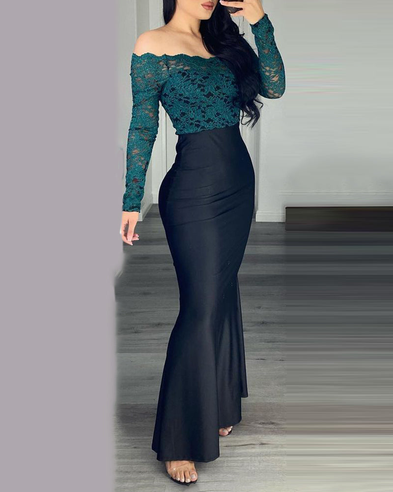 Women Off Shoulder Long Sleeve Lace Dress 3