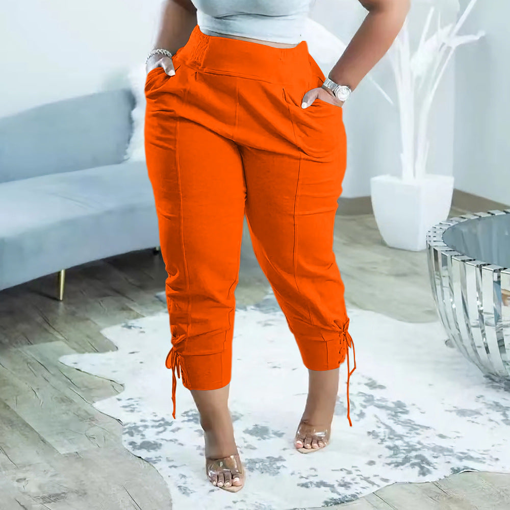 Women Summer Casual Solid Drawstring Lace-Up Stretch Trousers 9