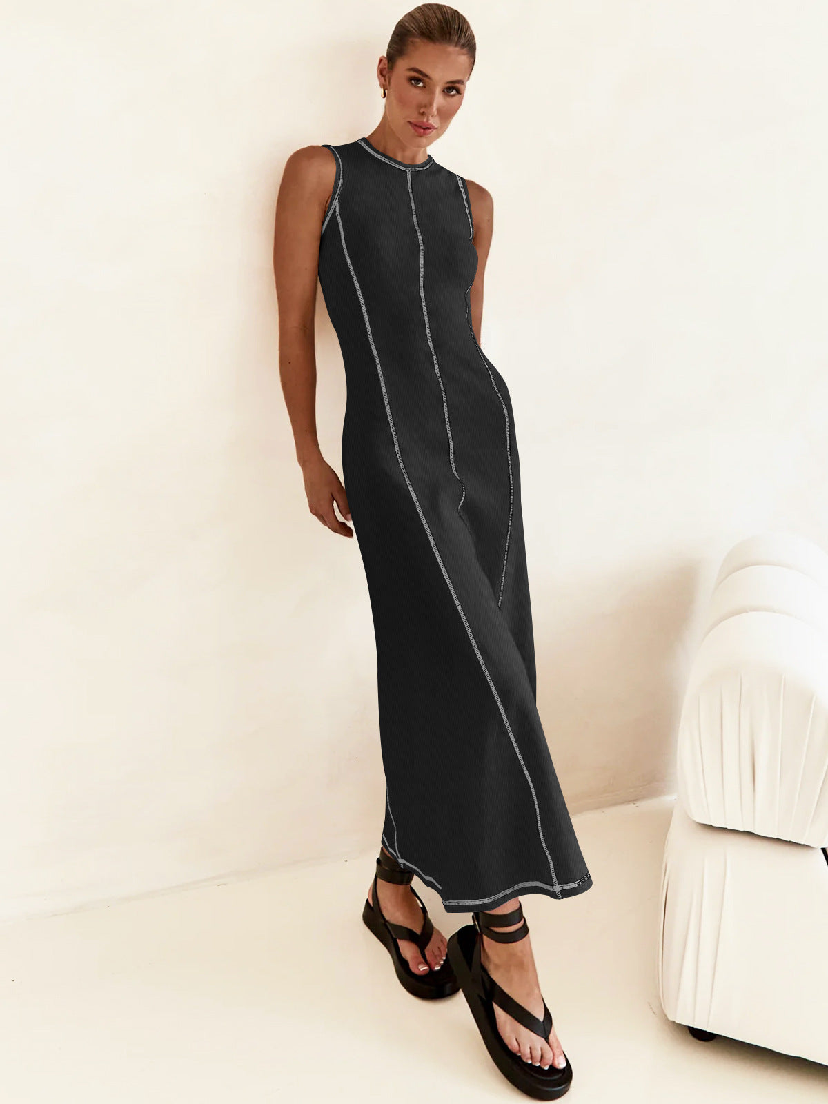 Round Neck Sleeveless A-Line Knitted Long Dress 32