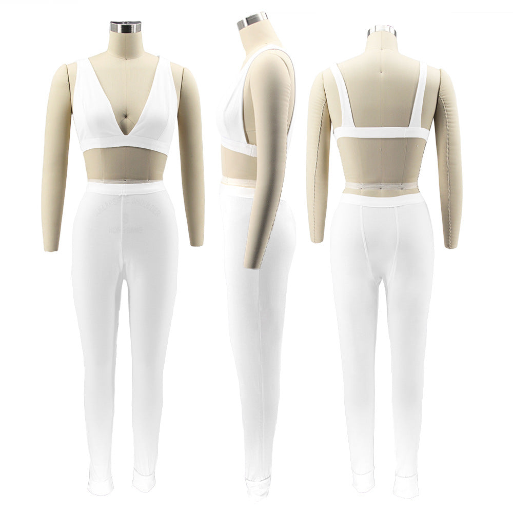 Women Solid Sling Elastic Casual Sports Two-piece Set 10