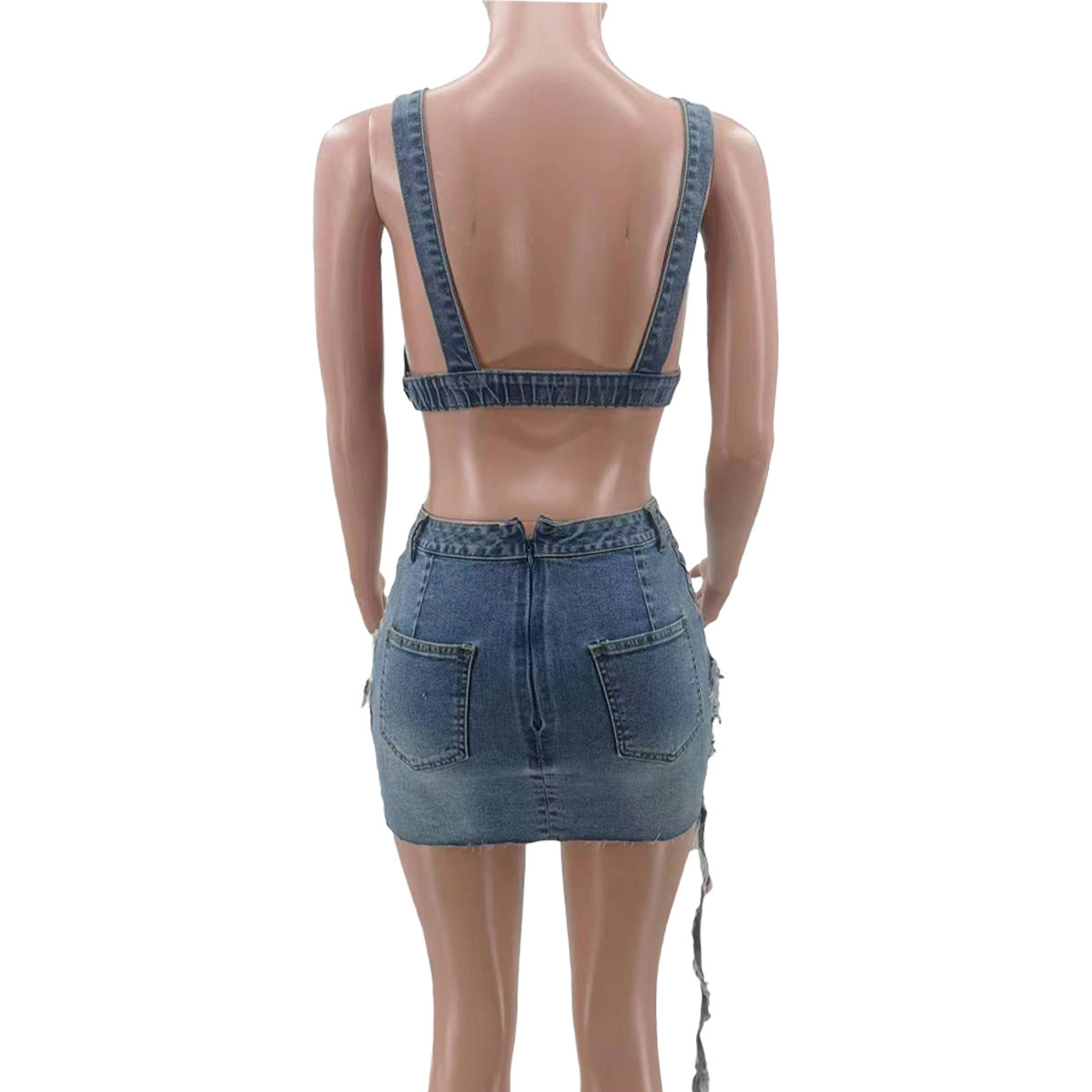 Women Summer Style Tassel Top and Skirt Elastic Denim Two-piece Set 12