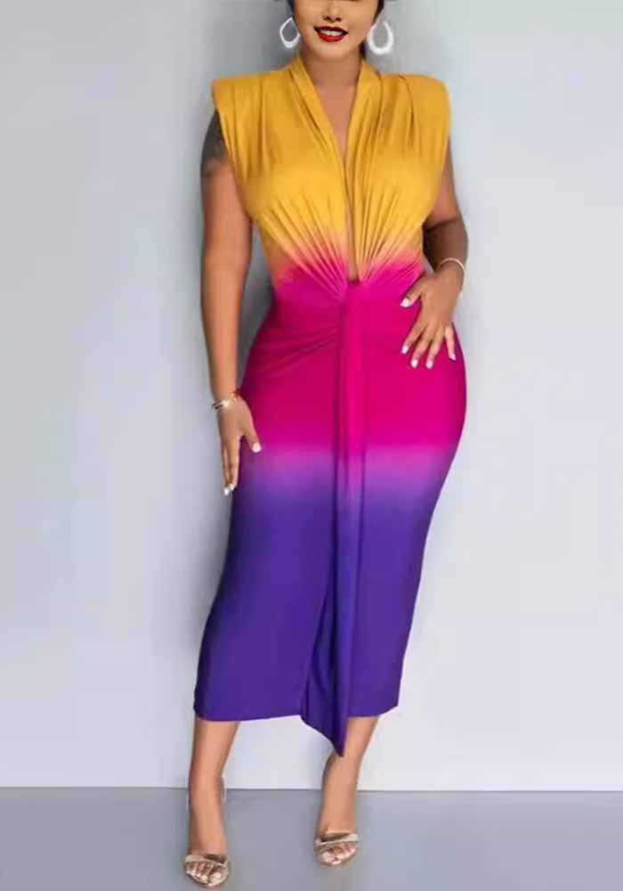 Spring Summer Gradient Print Sleeveless Deep V Neck Long Tight Fitting Bodycon Dress