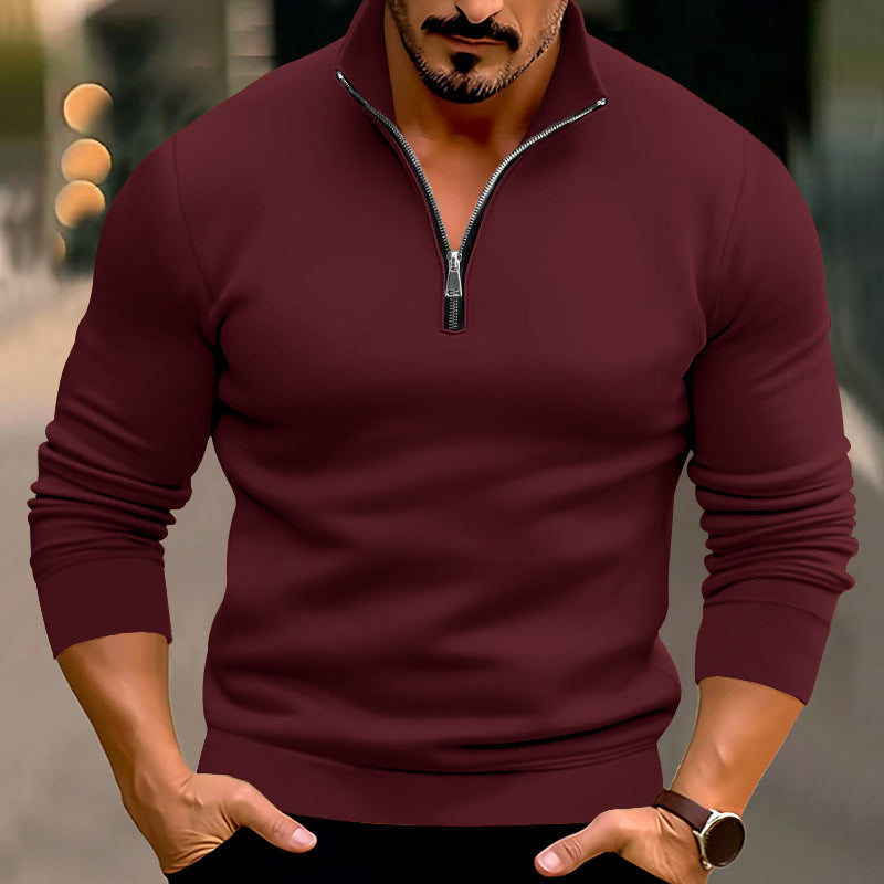 Spring And Winter Men's Casual Solid Color Long-Sleeved Zip Stand Collar T-Shirt Tops For Men 17
