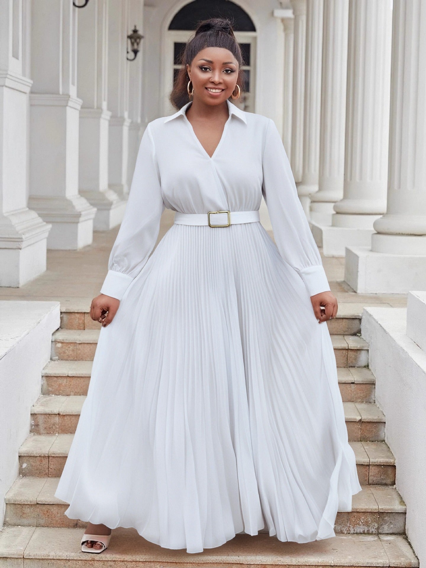 Plus Size Women V-Neck Long Sleeve Solid Pleated Dress with Belt