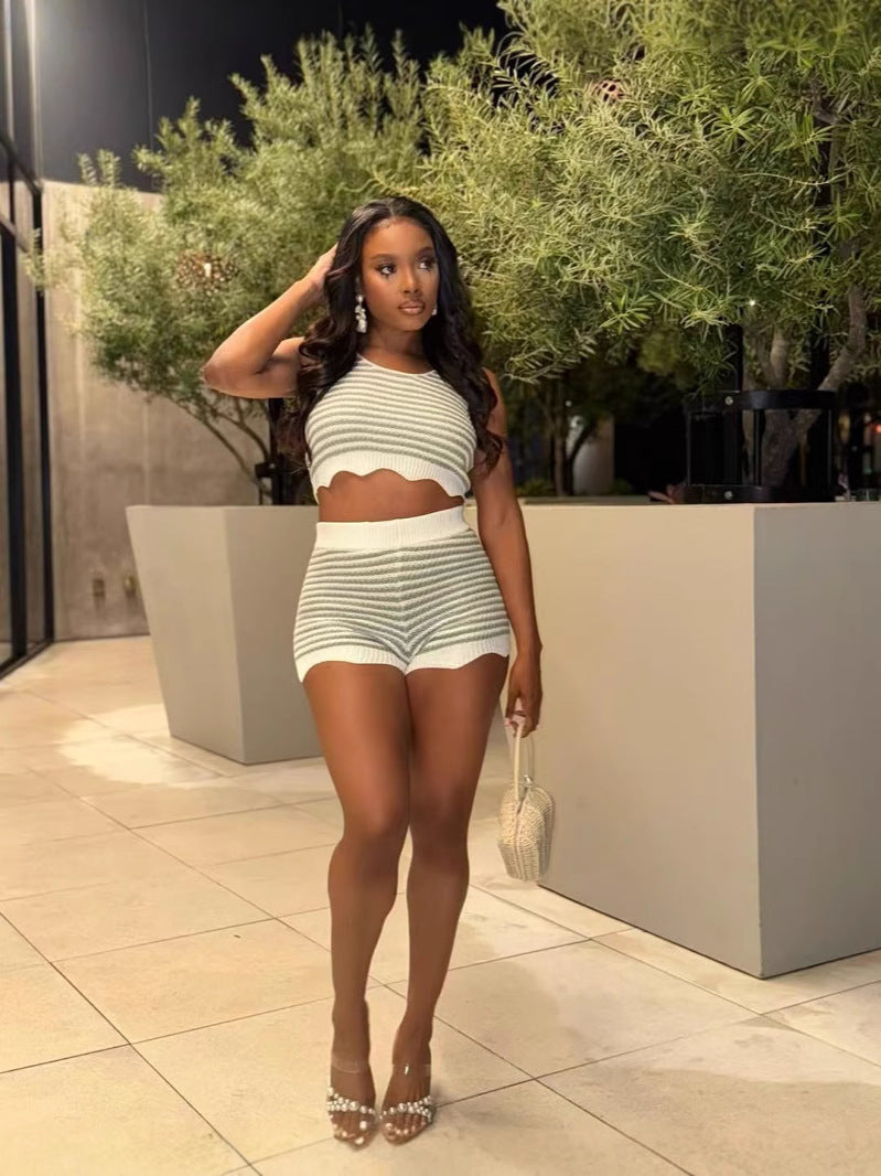 Fashion Casual Summer Contrast Color Knitting Short Sleeve Two Piece Shorts Set