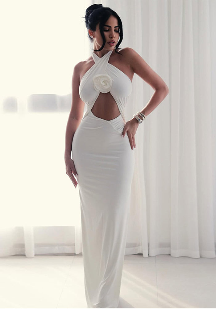 Women's Hollow-Out Fashion Slit Pleated Low Back Cross Halter Neck Solid Long Dress